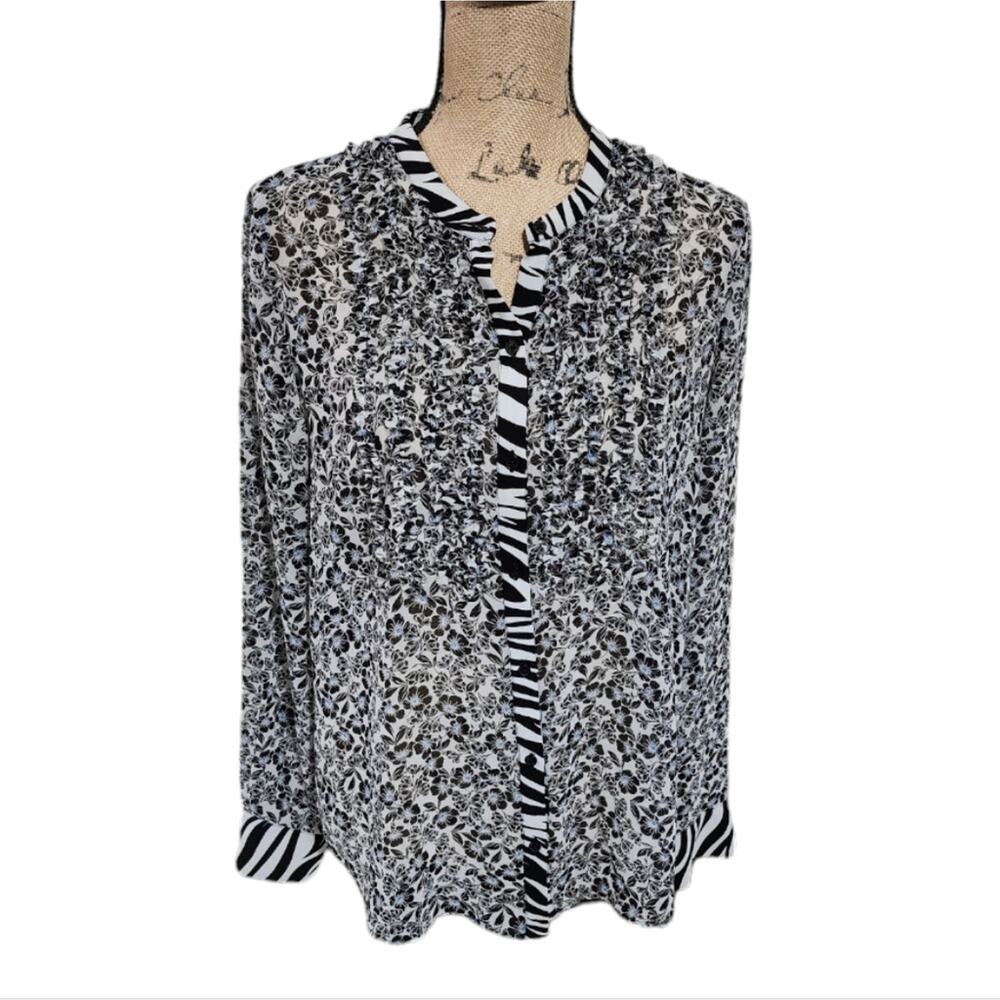Whbm Ruffle Tuxedo Trim Floral and‎ Zebra Print Button Up Shirt Size Medium